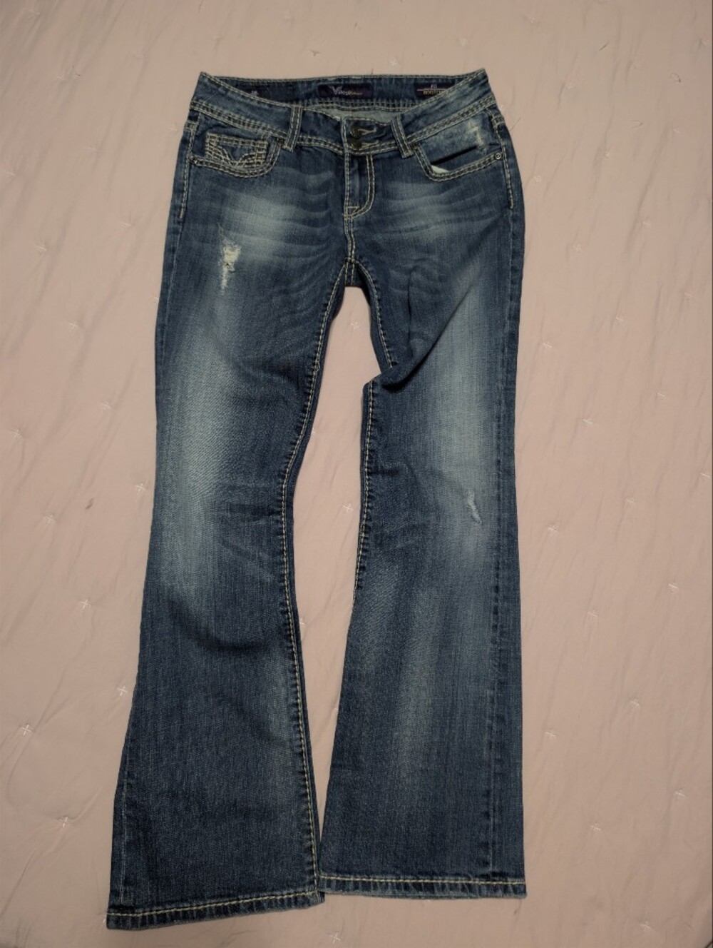 Vigoss Women's Flare Jeans in Distressed Blue Wash